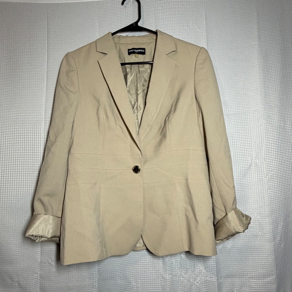 Karl Lagerfeld Paris Blazer Beige Crepe Single Button Tailored Professional 6